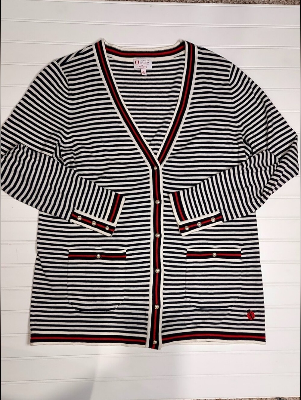 Black & White Striped Ladybug 🐞 Cardigan Size M The Oprah Collection By Talbots